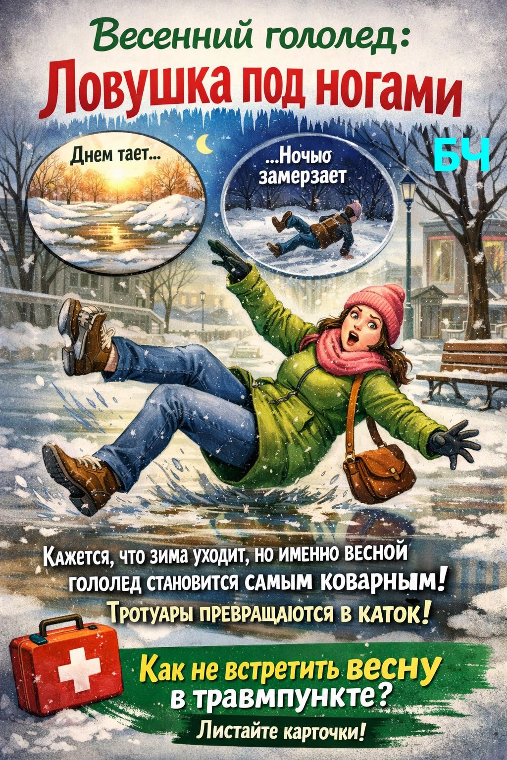 Весенний гололед: как уберечь себя от травм (карточки)