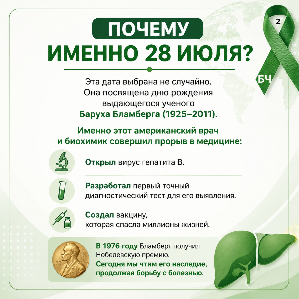 28 июля — Всемирный день борьбы с гепатитом, учреждённый в честь учёного Баруха Бламберга